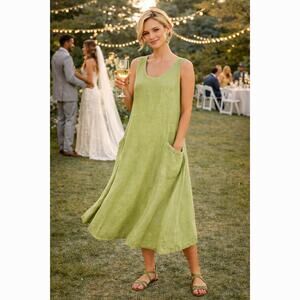 Sleeveless 100% Cotton Midi Dress with Pockets Light Green size 14